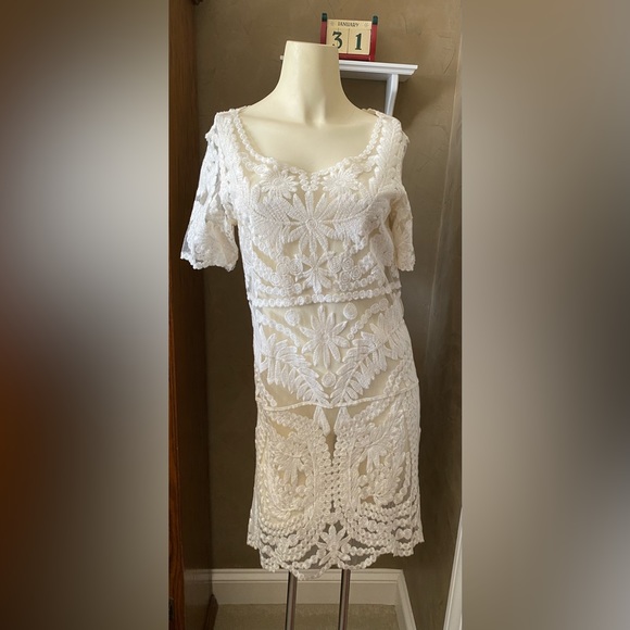 VINTAGE Guipure Lace Boho Style Sheer Dress Ivory - Picture 3 of 12